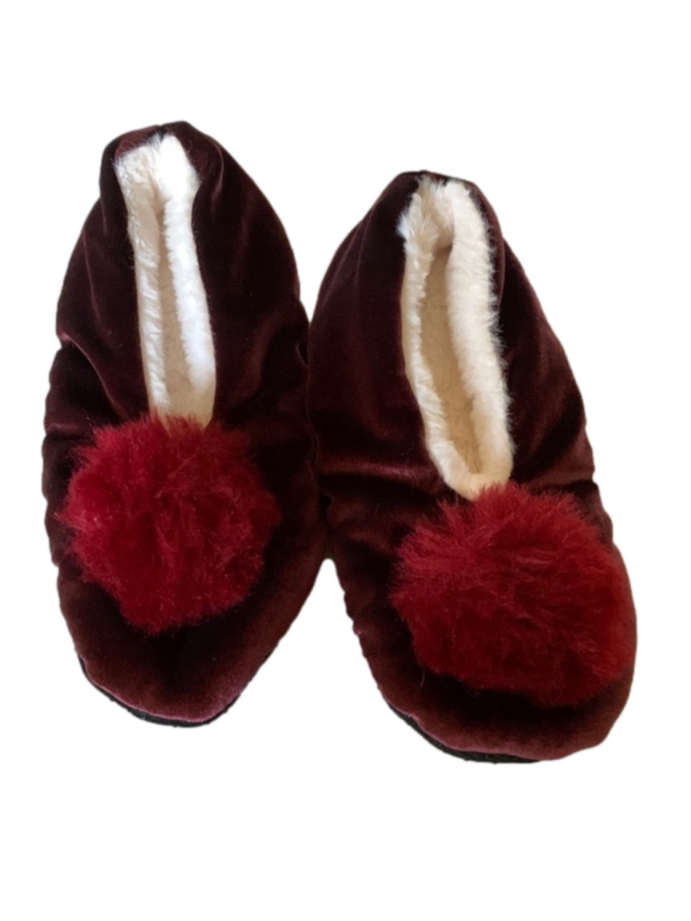 🔒 10 items for $20 - Burgundy velvet slippers with pompoms small/medium